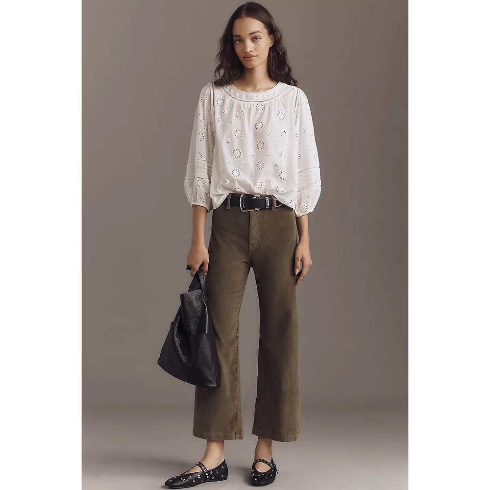 Pistola Penny Crop High Rise Corduroy Pants Womens 31 Olive Green Wide Leg